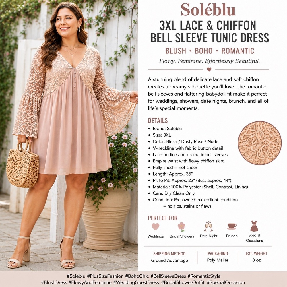 Soieblu Women 3XL Pink Lace Bell Sleeve Babydoll Tunic Top V-Neck Boho Chiffon